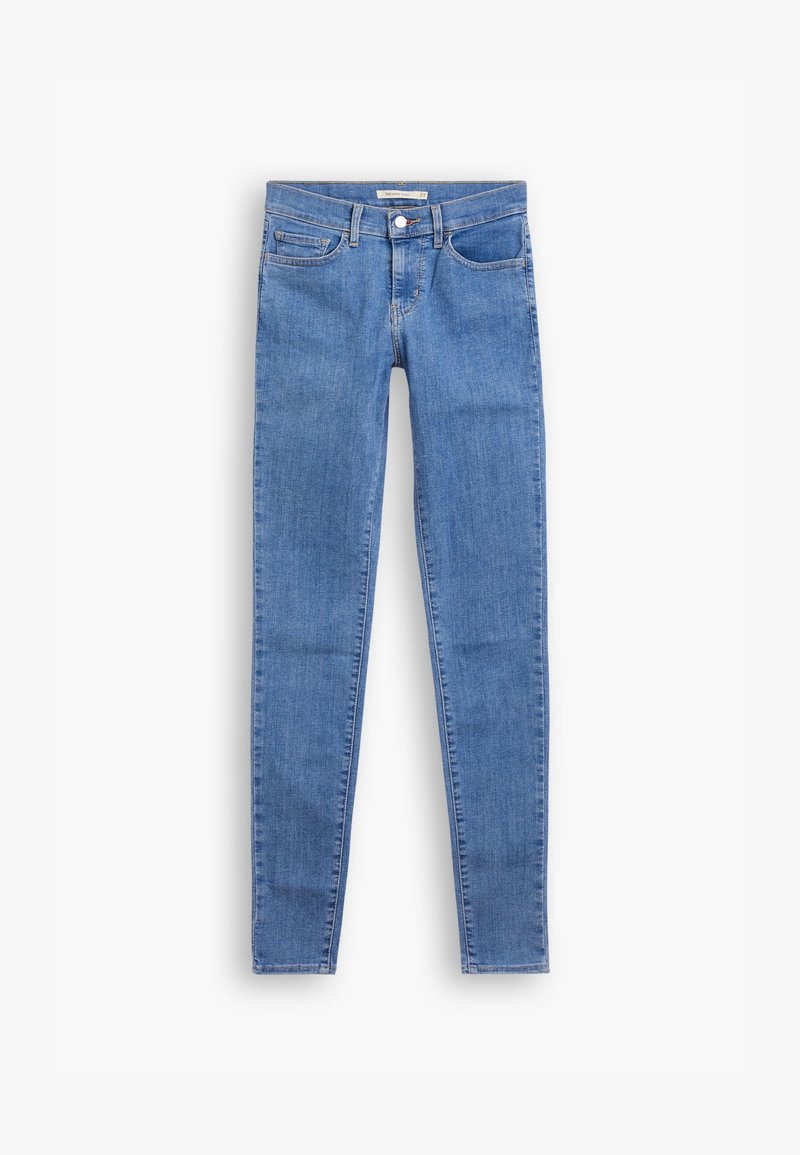 Světle modré skinny džíny vyrobené z denimu, s předním zapínáním na knoflík a zip, pěti kapsami a hladkou, rovnou strukturou.