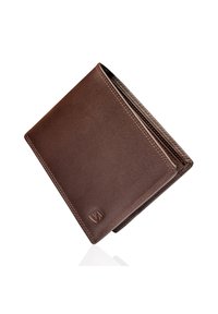 Brown leather wallet with a smooth texture, featuring a subtle logo and a bi-fold design. Edges are neatly stitched for durability.