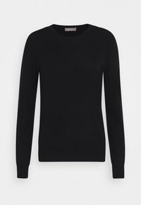 Zwarte gebreide trui met lange mouwen en een ronde hals. Bevat ribgebreide manchetten en zoom, gemaakt van zachte, gestructureerde stof.