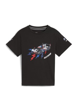 T-shirt en coton noir avec un motif de voiture de course, orné d'éclairs bleus et rouges, et le mot « ELECTRIFIED » en lettres majuscules.