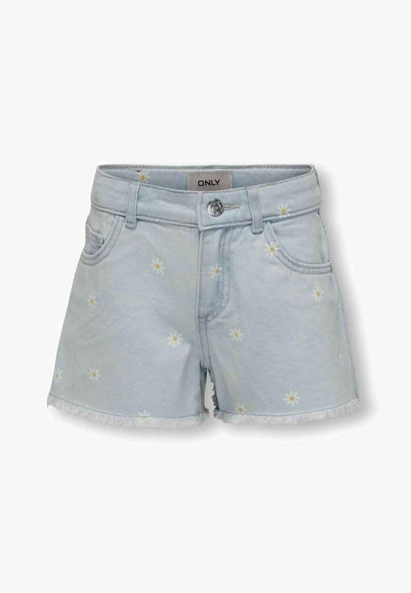 Šviesiai mėlyni džinsinės šortai su nuplyšusiu kraštu, puošti mažomis baltomis ir geltonomis ramunėlėmis, ir sidabro spalvos užsegimu.