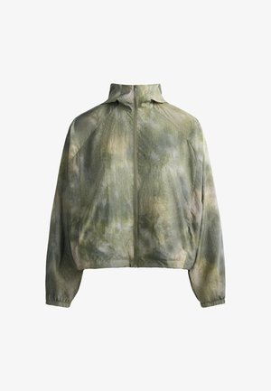 Veste zippée tie-dye vert clair et beige avec col montant, manches longues et poignets élastiques, présentée sur fond blanc.