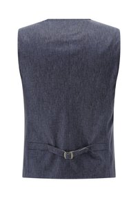 Dunkelblaues Oberteil aus strukturiertem Gewebe mit einem eleganten Rückendesign, verstellbarem Riemen mit Metallbeschlägen und ohne Ärmel.