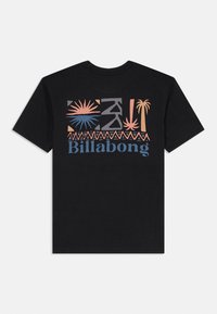 Black t-shirt with colorful abstract tropical shapes and "Billabong" text on the back in pink, blue, and gray tones.