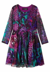 Langärmliges Kleid mit einem lebhaften Blumen- und Tigerprint, einem lila Ausschnitt und einem schichtweise fließenden Rock.