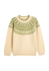 Beige stickad tröja med ett grönt geometriskt mönster runt halsringningen och övre delen av kroppen. Långa ärmar med ribbade muddar och nederkant.