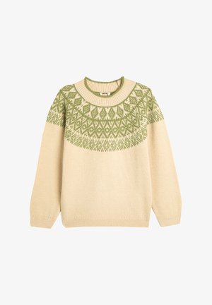 Beżowy sweter z dzianiny z zielonym geometrystycznym wzorem wokół dekoltu i górnej części ciała. Długie rękawy z elastycznymi mankietami i dołem.