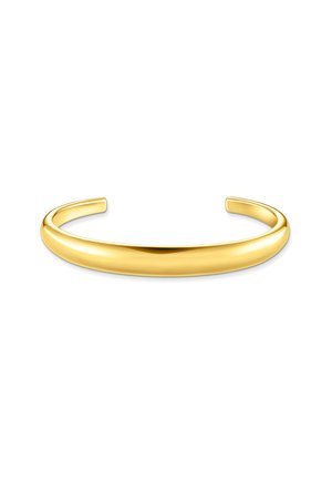Glattes, poliertes Gold-Cuff-Armband mit offenem Design und sanft gebogener, dicker Band auf weißem Hintergrund.