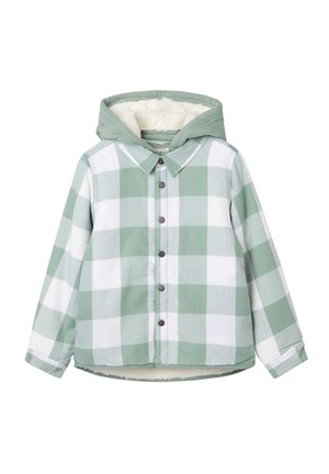 Chemise en flanelle à carreaux verts et blancs, dotée d'une capuche doublée en douceur, d'une fermeture à boutons et de manches longues avec un ourlet droit.