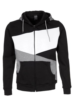 Men's zip-up hoodie with black, white, and gray color blocks, front pockets, and gray drawstrings on the hood.