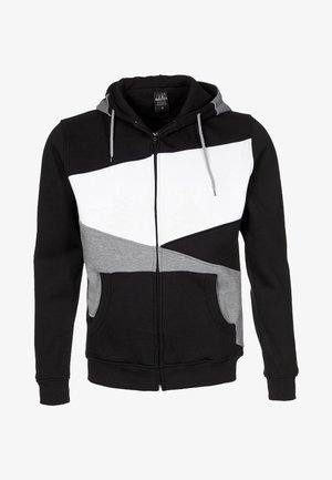 Felpa con cappuccio da uomo con cerniera, a blocchi di colore nero, bianco e grigio, tasche anteriori e coulisse grigie sul cappuccio.