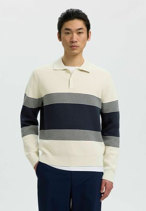 Selected, KNITTED POLO SHIRT STRIPED - Polo - silver birch