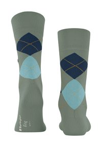 Para zielonych skarpetek z niebieskim i jasnoniebieskim wzorem w romby oraz pomarańczowym przeszyciem, z napisem "Burlington Krug" na podeszwie.