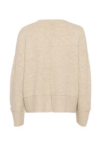 Maglione beige lavorato a maglia con una forma boxy, polsini e orlo a coste, e una finitura testurizzata. Presenta una cucitura centrale lungo il retro.