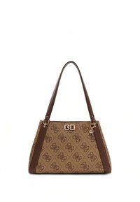 Bruine draagtas met een monogrampatroon, voorzien van een logo en accenten in goudkleurig metaal. Gladde stof met contrasterende schouderbanden.