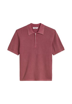 Short-sleeve ribbed polo shirt in muted mauve with a front half-zip and classic collar, knit fabric texture visible.