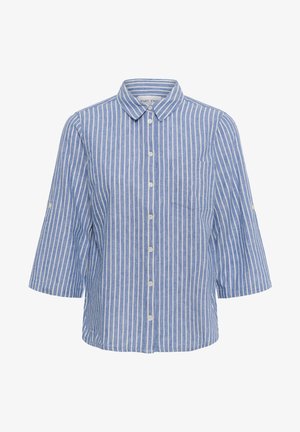 Modro-biela vertikálne pruhovaná košeľa na gombíky s tromi štvrťovými rukávmi a malou náprsní kapsou.