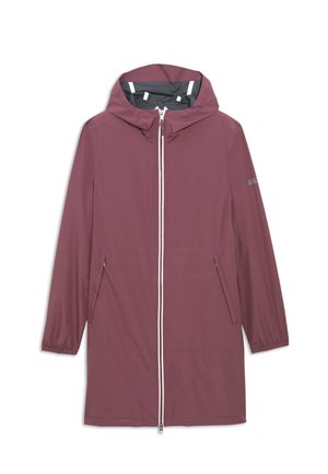 Lange mauvefarbene wasserfeste Jacke mit Kapuze, frontaler Reißverschluss und seitlichen Reißverschlusstaschen, elastischen Bündchen und reflektierenden Details in der Kapuze.