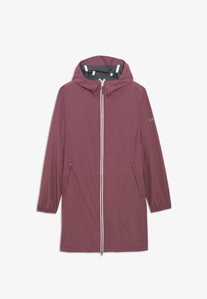 Chaqueta con capucha de color malva, impermeable, de largo, con cremallera frontal y bolsillos laterales con cremallera, puños elásticos y detalles reflectantes en el interior de la capucha.