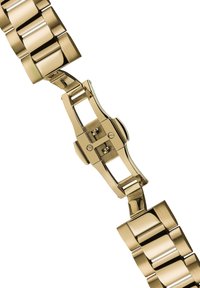 Bracelet de montre en métal doré avec un design à maillons. Surfaces lisses et polies avec une fermeture à clip.