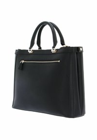 Borsa a mano in pelle nera con finitura a pallini, dotata di doppi manici, tasca anteriore con zip, hardware in tonalità argento e forma rettangolare strutturata.