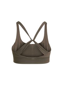Reggiseno sportivo verde oliva con design senza cuciture e aderente. Presenta spalline incrociate sul retro e una fascia di supporto ampia sotto il seno.