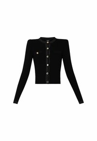 Sort cropped cardigan med lange ærmer, gyldne knapper og hvide syningsdetaljer. Har to forlommer og rund halsudskæring.