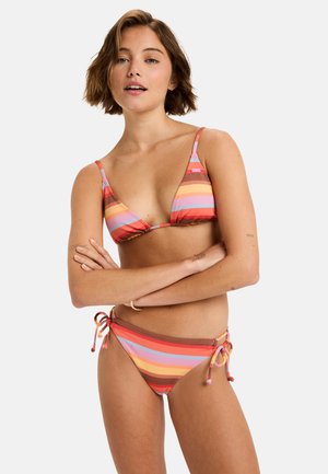 Triangular swim bikini in multi-colored stripes of pink, orange, and brown with adjustable ties on the bottom. Ribbed texture throughout.