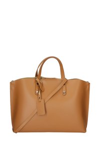 Borsa a tracolla in pelle marrone chiaro con due manici superiori, una tracolla staccabile e dettagli metallici. Tessuto liscio e design semplice e strutturato.