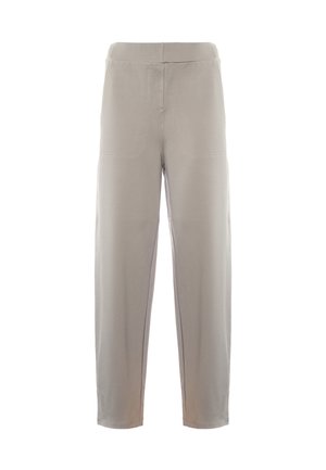 Pantaloni grigi chiari realizzati in tessuto morbido, con taglio dritto, vita elastica e dettagli di cucitura discreti sulla parte anteriore.