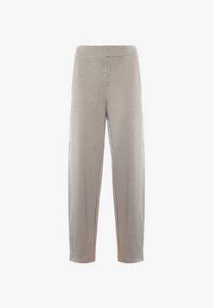 Pantaloni grigi chiari realizzati in tessuto morbido, con taglio dritto, vita elastica e dettagli di cucitura discreti sulla parte anteriore.