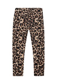 Leggings im Leopardenmuster mit einer schwarz-beigen Farbgestaltung, ausgestattet mit einem elastischen Bund, einer figurschmeichelnden Passform und einer weichen Textur.