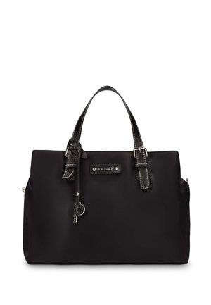 Sac fourre-tout noir avec deux poignées en cuir, boucles argentées et un petit pendentif suspendu en forme de la lettre P.