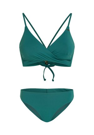 Sæt med bikini i blågrøn farve med en omslags-BH med krydsede justerbare stropper og bindebånd bagpå. Højtaljet bund med glat tekstur.