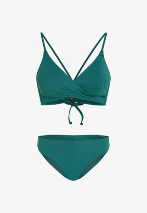 Sæt med bikini i blågrøn farve med en omslags-BH med krydsede justerbare stropper og bindebånd bagpå. Højtaljet bund med glat tekstur.