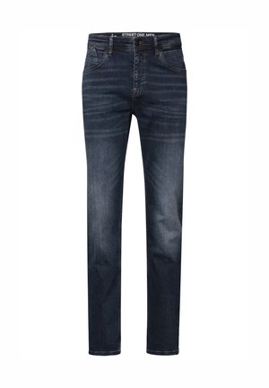 Jeans de mezclilla azul oscuro con corte recto, cinco bolsillos y una sutil textura desgastada en la parte frontal. Detalles de costura visibles a lo largo de las costuras.