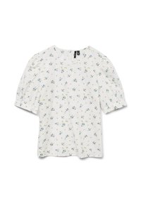 White top with short puff sleeves, featuring a floral pattern in blue and green. Round neckline and lightweight, textured fabric.