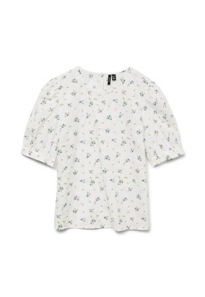 White top with short puff sleeves, featuring a floral pattern in blue and green. Round neckline and lightweight, textured fabric.