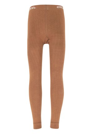 Braune Ripp-Leggings mit weichem Material, die ein figurbetontes Design und einen elastischen Bund mit Markenbeschriftung aufweisen.