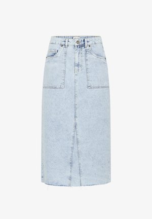 Gonna midi in denim azzurro chiaro con spacco sulla cucitura frontale, due grandi tasche applicate frontali, passanti per cintura e chiusura con bottone in vita.