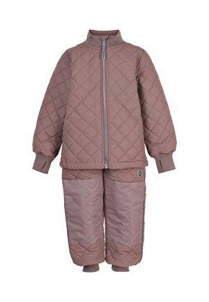 Set di abbigliamento esterno per bambini composto da due pezzi, in rosa polveroso. Comprende una giacca con zip e colletto alto e pantaloni abbinati con polsini elasticizzati.