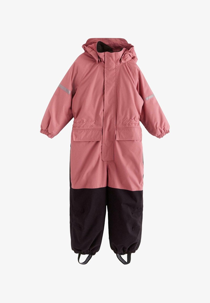 Combinaison de neige isolée bicolore pour enfants avec partie supérieure rose, partie inférieure noire, capuche, poignets élastiques et bandes réfléchissantes sur les manches.