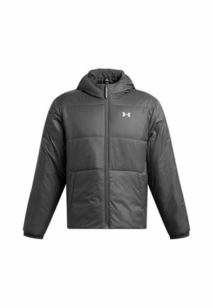Puffer jacket in dark gray with a hood, front zipper, elastic cuffs, and two side pockets. Features a sewn brand logo on the chest.