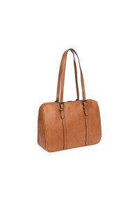 Tan leren tote bag met dubbele handvatten, met een rechthoekige vorm, een lichte glans en een minimalistisch ontwerp met zwarte stikselaccenten.