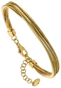 Gold-tone bracelet featuring three twisted strands, a lobster clasp, and an adjustable chain for size customization. Smooth texture.
