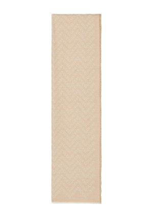 Beiger rechteckiger Schal mit dezentem Chevron-Muster und durchgehend eingewebtem "GUESS"-Logo.
