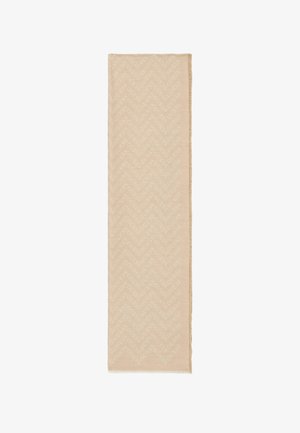 Beiger rechteckiger Schal mit dezentem Chevron-Muster und durchgehend eingewebtem "GUESS"-Logo.
