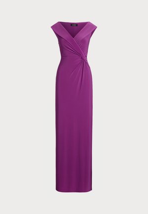 Long, fitted dress in vibrant purple fabric. Features a V-neckline, cap sleeves, and a twisted detail at the waist. Smooth texture.