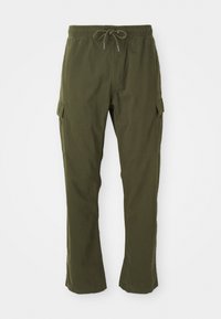 Olive green cargo pants with an elastic waistband, drawstring, and side pockets. The fabric appears soft with a smooth texture.