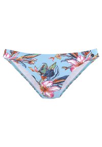 Blumen-Bikiniunterteil in Hellblau, mit lebendigen rosa und orangen Blumen, glatter Textur und einem tief geschnittenen Design.